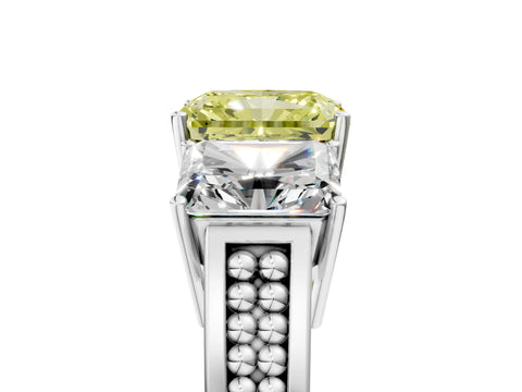 White gold Fancy Yellow Radiant Cut Diamond Three-Stone Ring with Prong Setting and Textured Band_5