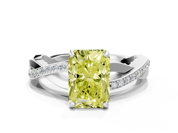 Platinum Fancy Yellow Radiant  Cut Diamond Twisted Band Engagement Ring with Prong Setting