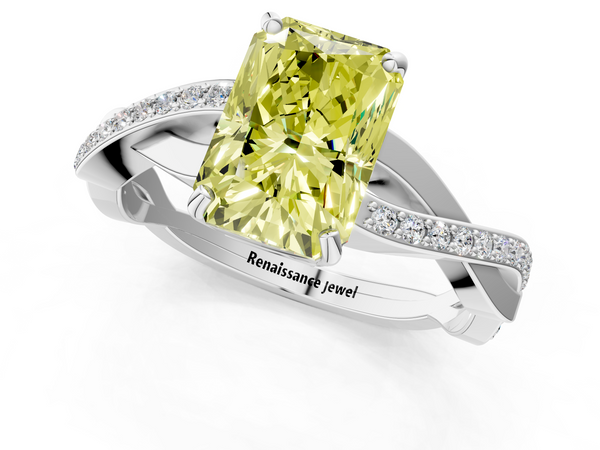 Platinum Fancy Yellow Radiant  Cut Diamond Twisted Band Engagement Ring with Prong Setting