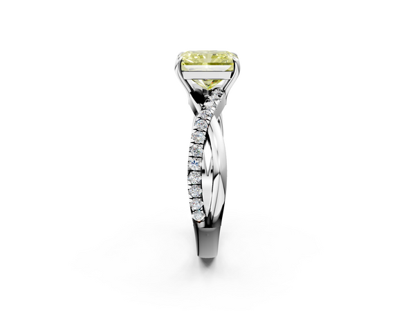 White gold Fancy Yellow Radiant  Cut Diamond Twisted Band with Pavé Setting and Four-Prong Setting