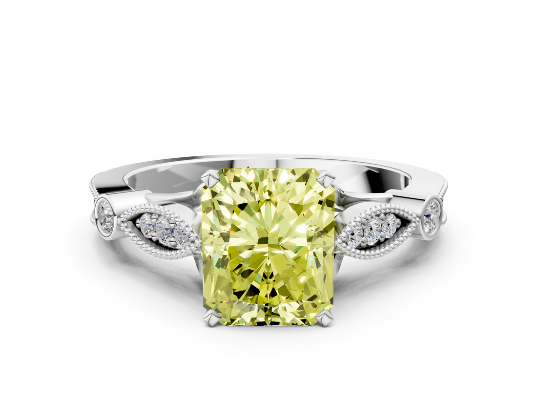 White gold Fancy Yellow Radiant  Cut Diamond with Milgrain Marquise and Bezel Accents on a Solitaire Band with Prong Setting_206