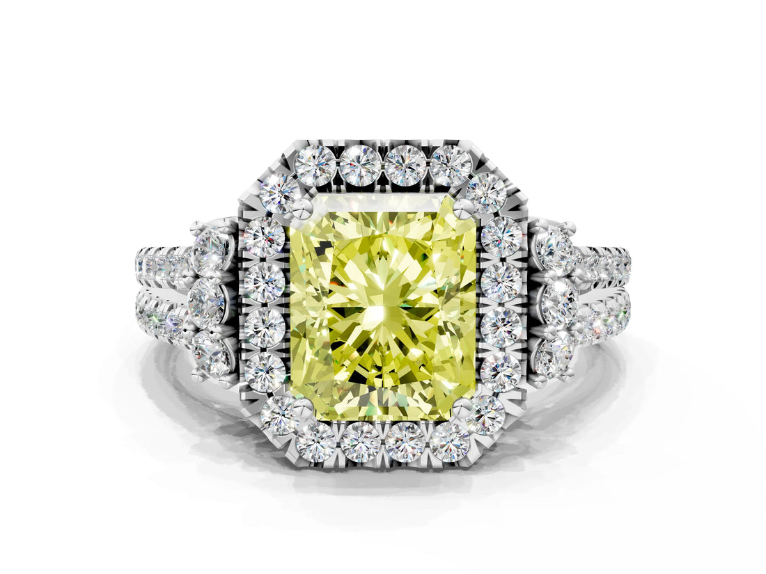 White gold Fancy Yellow Radiant  Cut Double Halo Diamond Engagement Ring with Pave Band and Four-Prong Setting_101