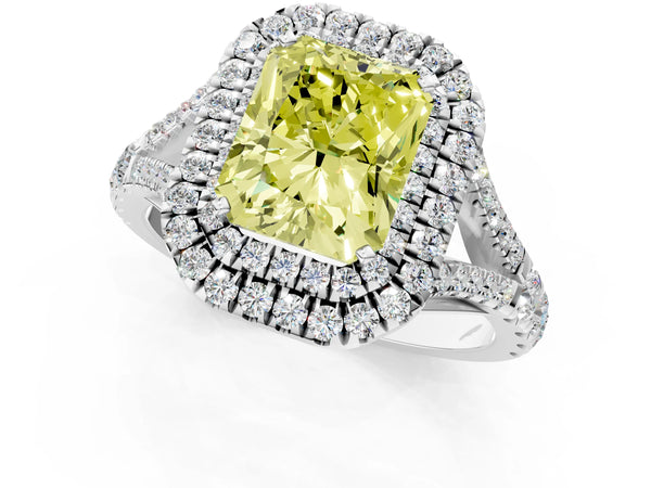 White gold Fancy Yellow Radiant  Cut Double Halo Split Shank Diamond Ring with Prong Setting