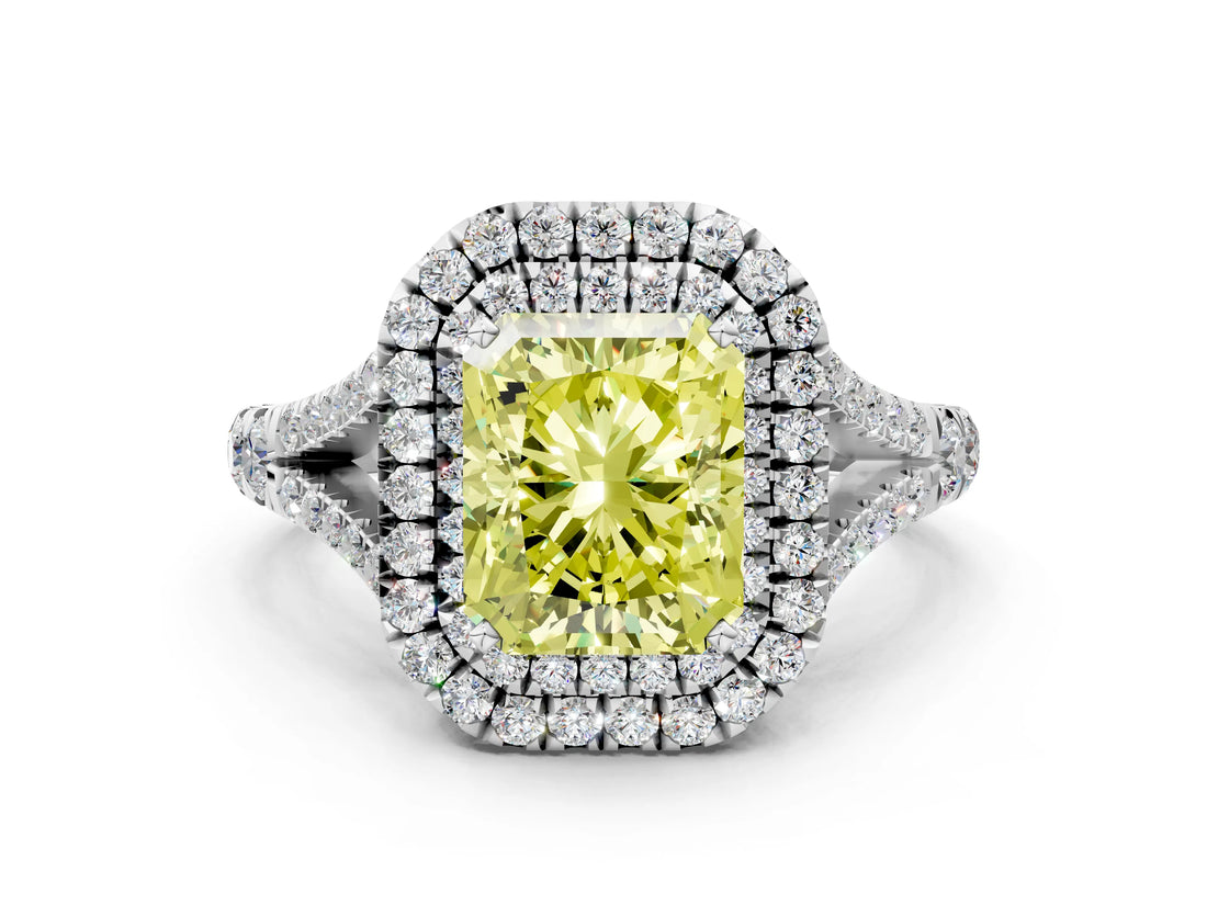 White gold Fancy Yellow Radiant  Cut Double Halo Split Shank Diamond Ring with Prong Setting_50