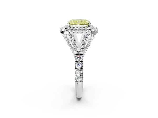 White gold Fancy Yellow Radiant  Cut Double Halo Split Shank Diamond Ring with Prong Setting