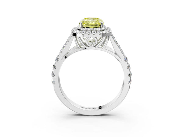 White gold Fancy Yellow Radiant  Cut Double Halo Split Shank Diamond Ring with Prong Setting