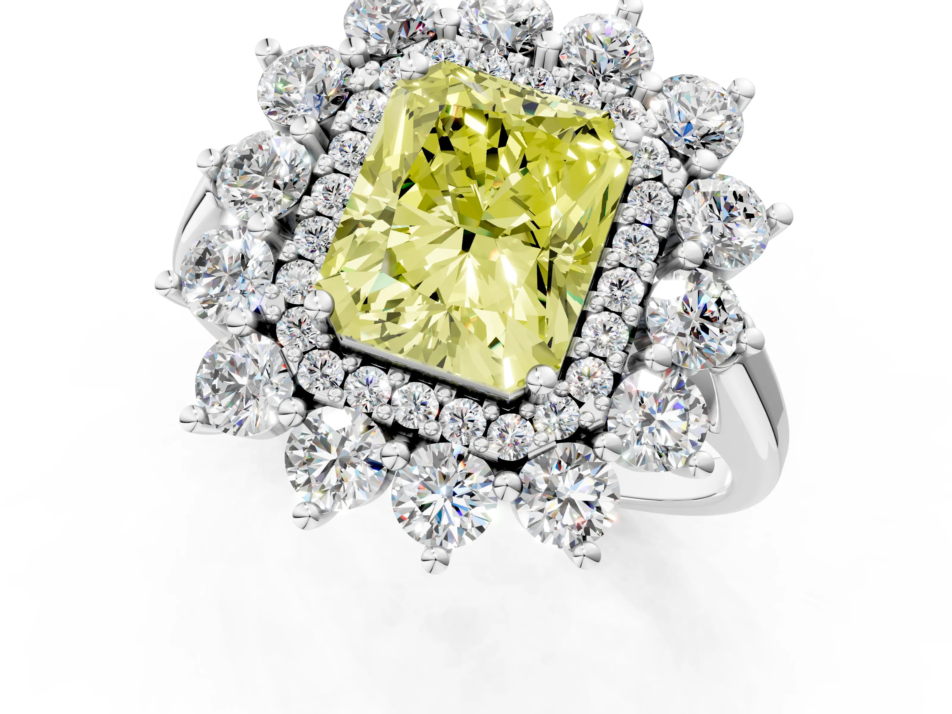 White gold Fancy Yellow Radiant Cut Halo Cluster Diamond Ring with Pave Band and Four-Prong Setting_13