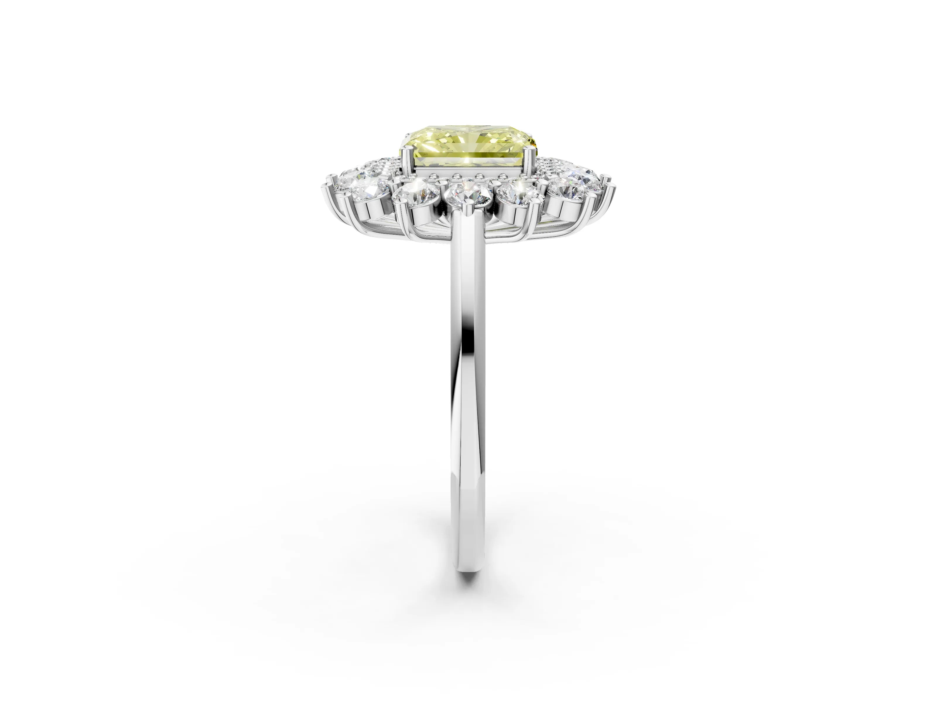White gold Fancy Yellow Radiant Cut Halo Cluster Diamond Ring with Pave Band and Four-Prong Setting_14