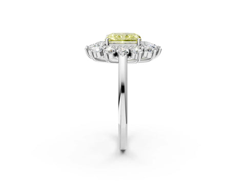 White gold Fancy Yellow Radiant Cut Halo Cluster Diamond Ring with Pave Band and Four-Prong Setting_14
