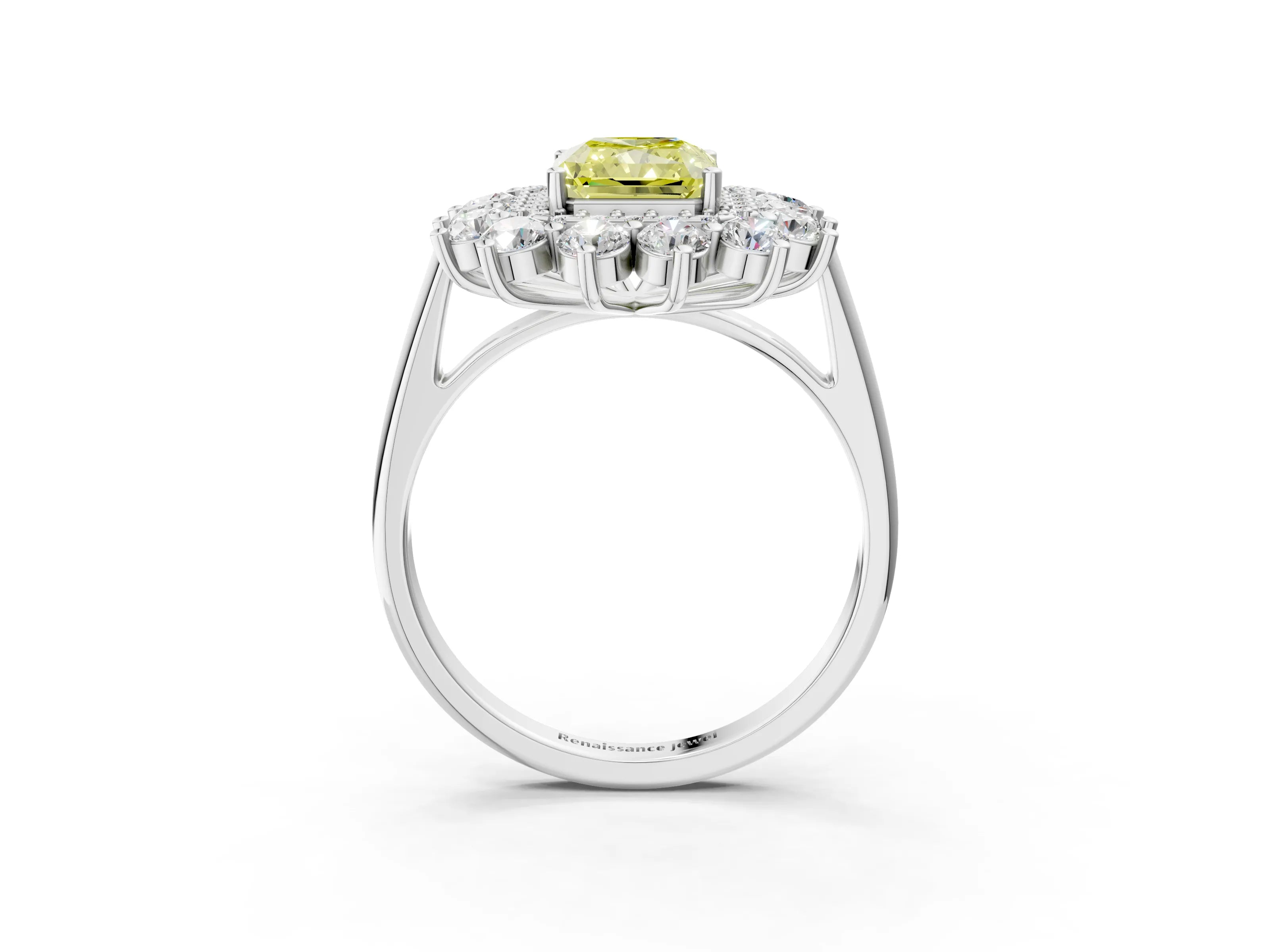 White gold Fancy Yellow Radiant Cut Halo Cluster Diamond Ring with Pave Band and Four-Prong Setting_15