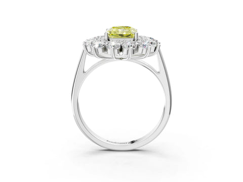 White gold Fancy Yellow Radiant Cut Halo Cluster Diamond Ring with Pave Band and Four-Prong Setting_15