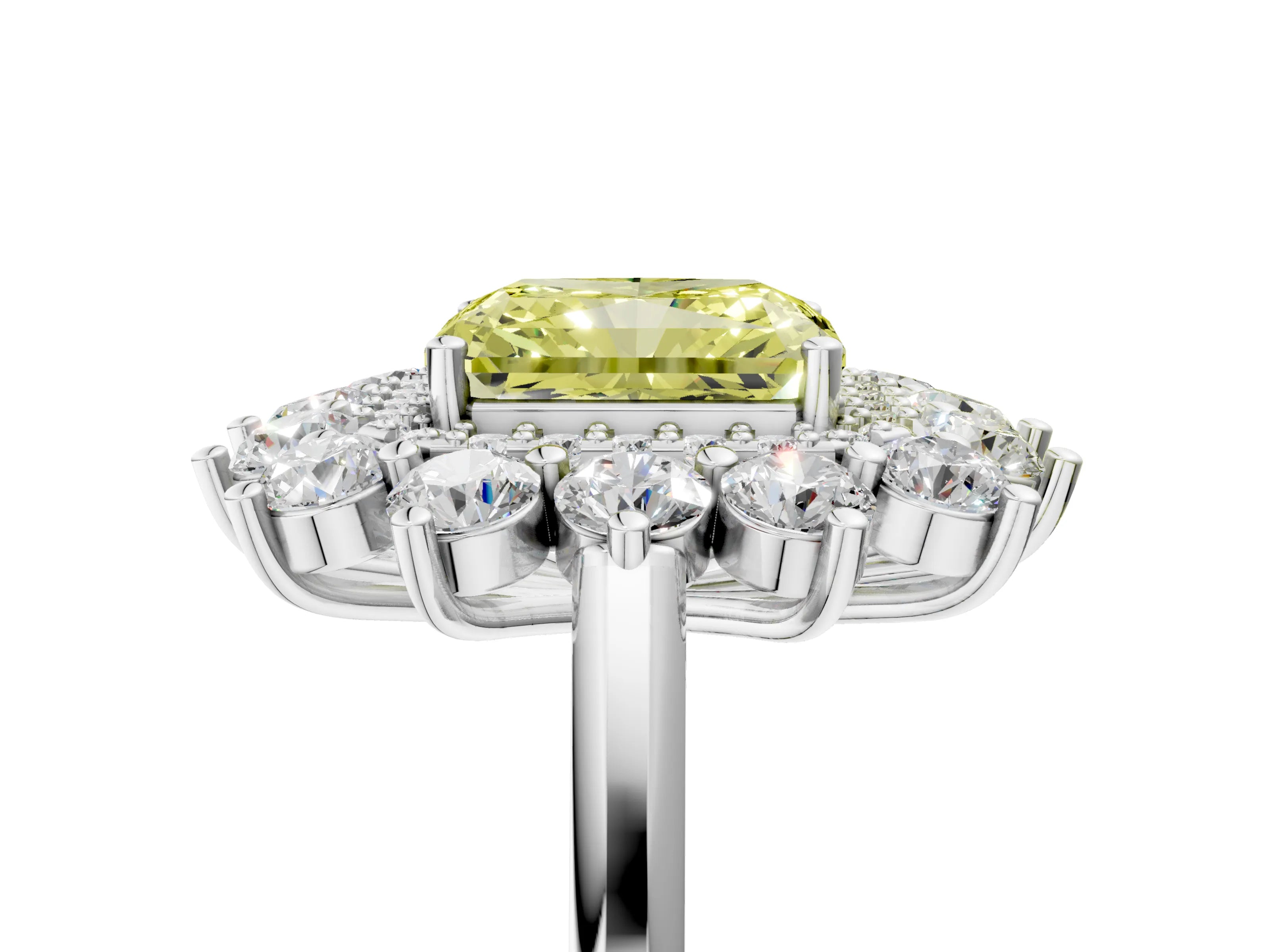 White gold Fancy Yellow Radiant Cut Halo Cluster Diamond Ring with Pave Band and Four-Prong Setting_17