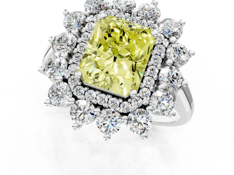White gold Fancy Yellow Radiant Cut Halo Cluster Diamond Ring with Pave Band and Four-Prong Setting_1