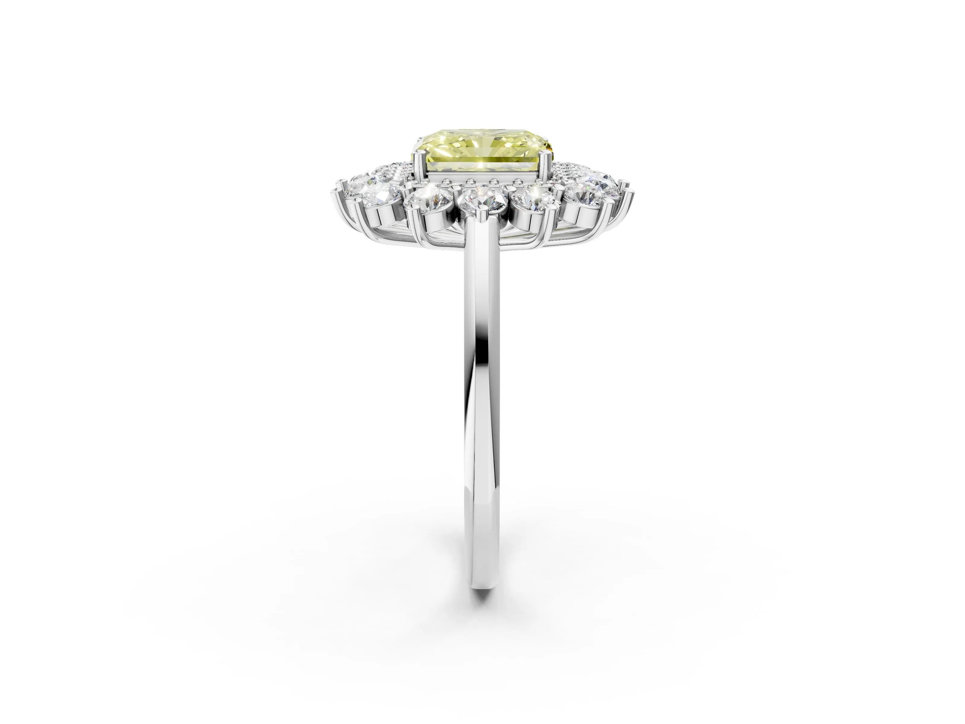 White gold Fancy Yellow Radiant Cut Halo Cluster Diamond Ring with Pave Band and Four-Prong Setting_2