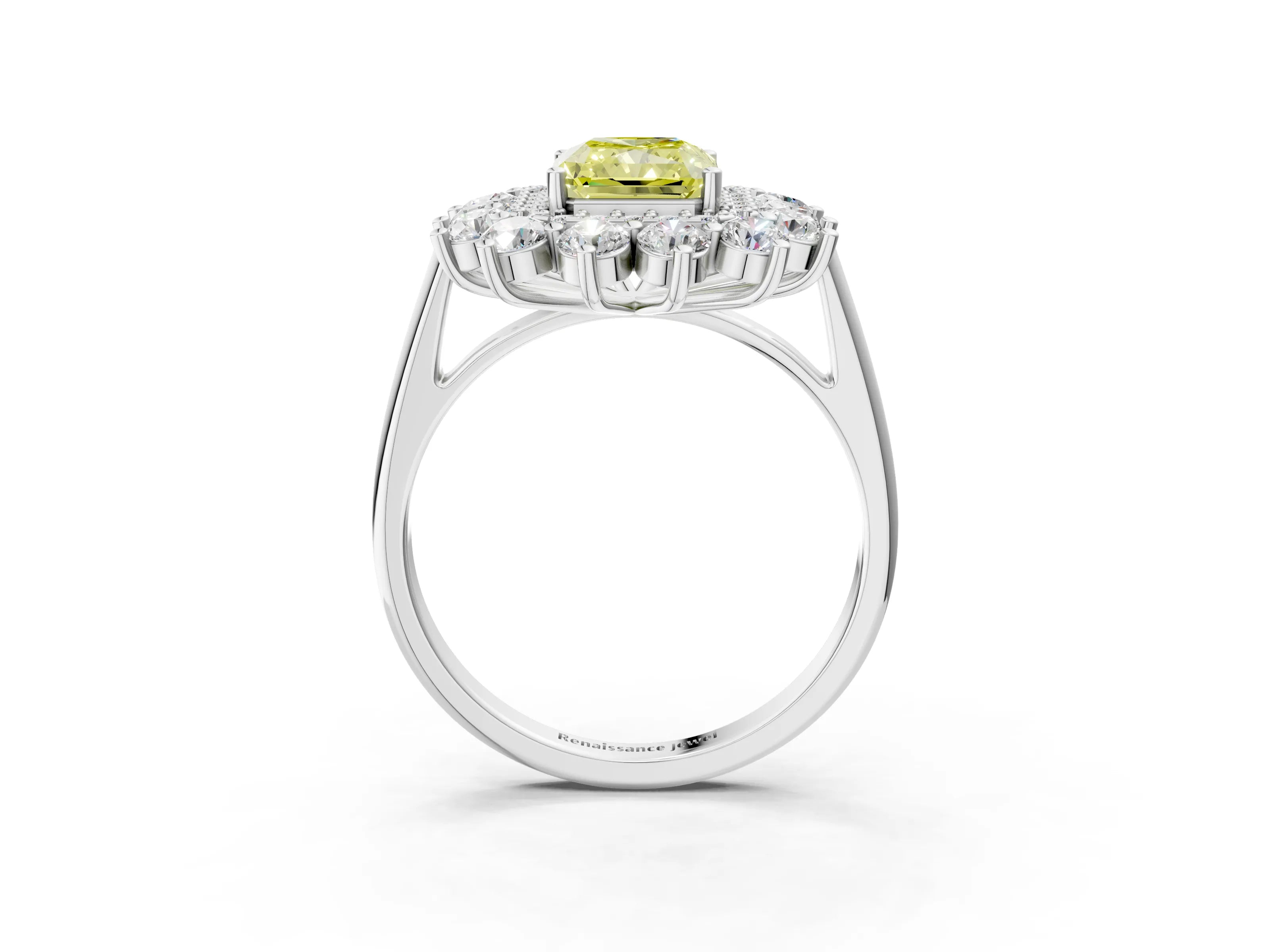 White gold Fancy Yellow Radiant Cut Halo Cluster Diamond Ring with Pave Band and Four-Prong Setting_3