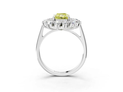 White gold Fancy Yellow Radiant Cut Halo Cluster Diamond Ring with Pave Band and Four-Prong Setting_3