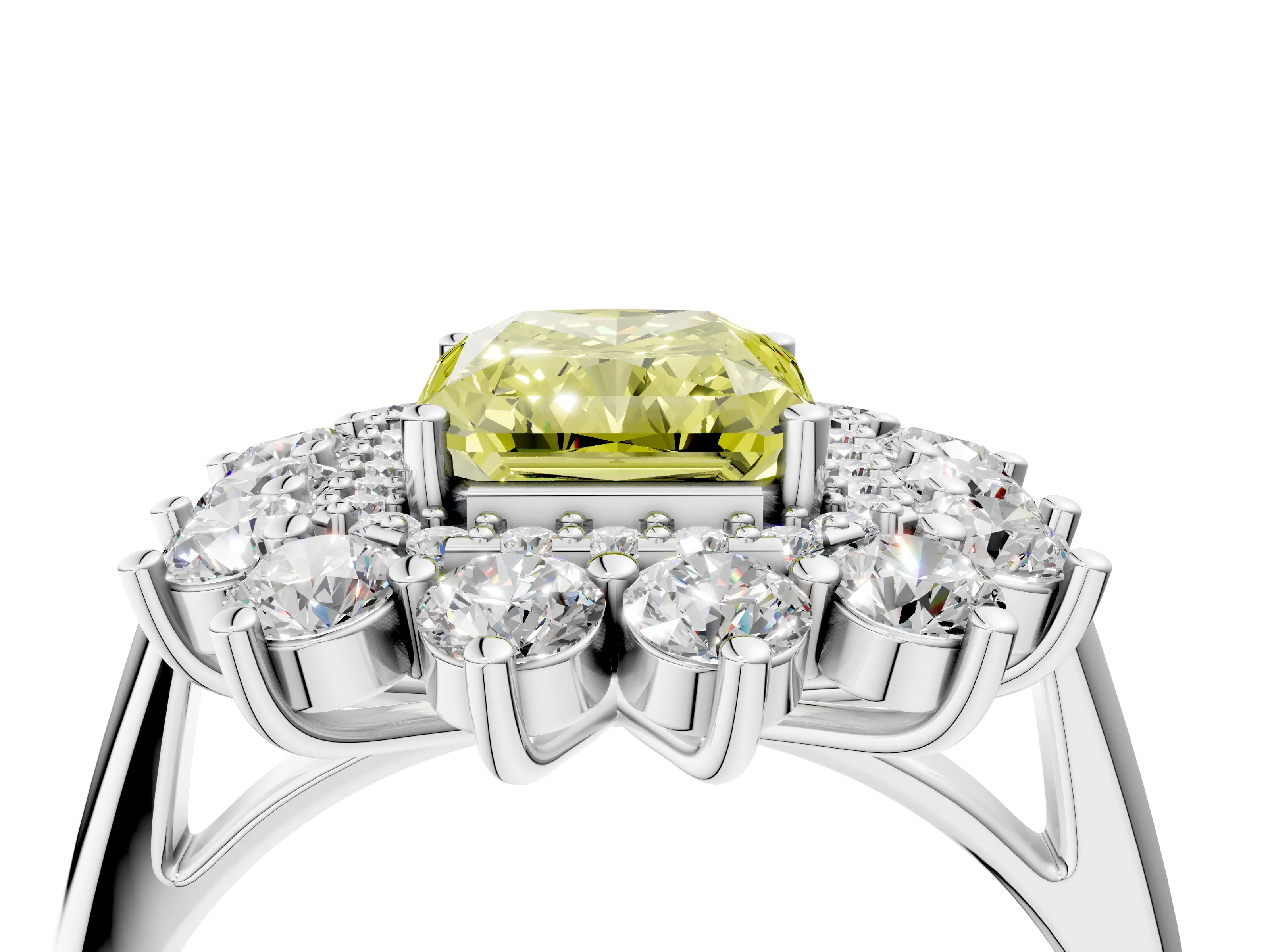 White gold Fancy Yellow Radiant Cut Halo Cluster Diamond Ring with Pave Band and Four-Prong Setting_4
