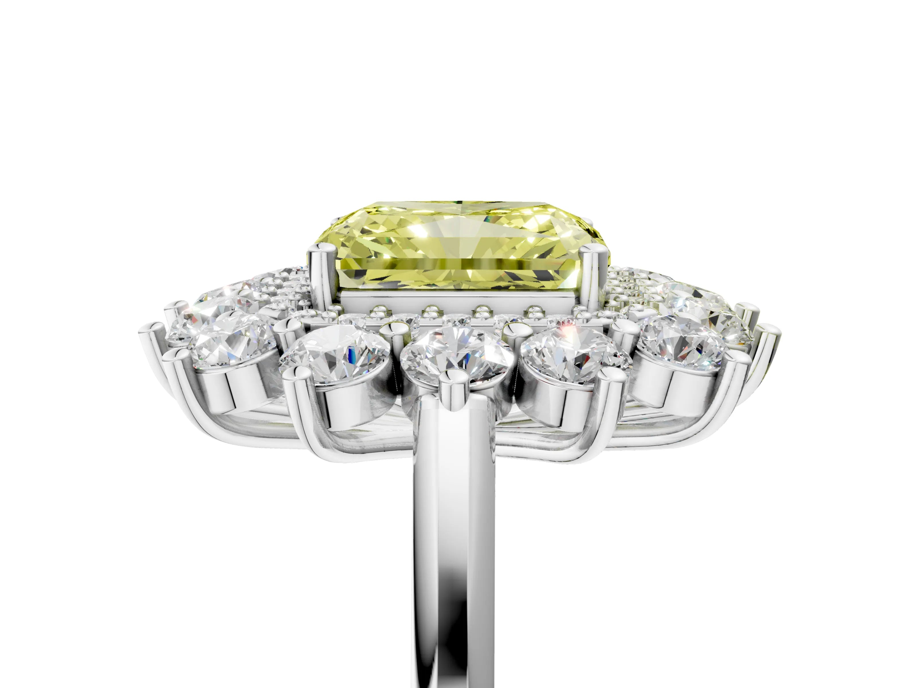 White gold Fancy Yellow Radiant Cut Halo Cluster Diamond Ring with Pave Band and Four-Prong Setting_5