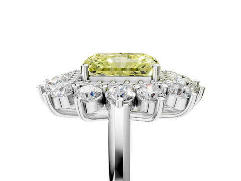 White gold Fancy Yellow Radiant Cut Halo Cluster Diamond Ring with Pave Band and Four-Prong Setting_5