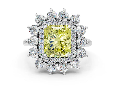 White gold Fancy Yellow Radiant Cut Halo Cluster Diamond Ring with Pave Band and Four-Prong Setting