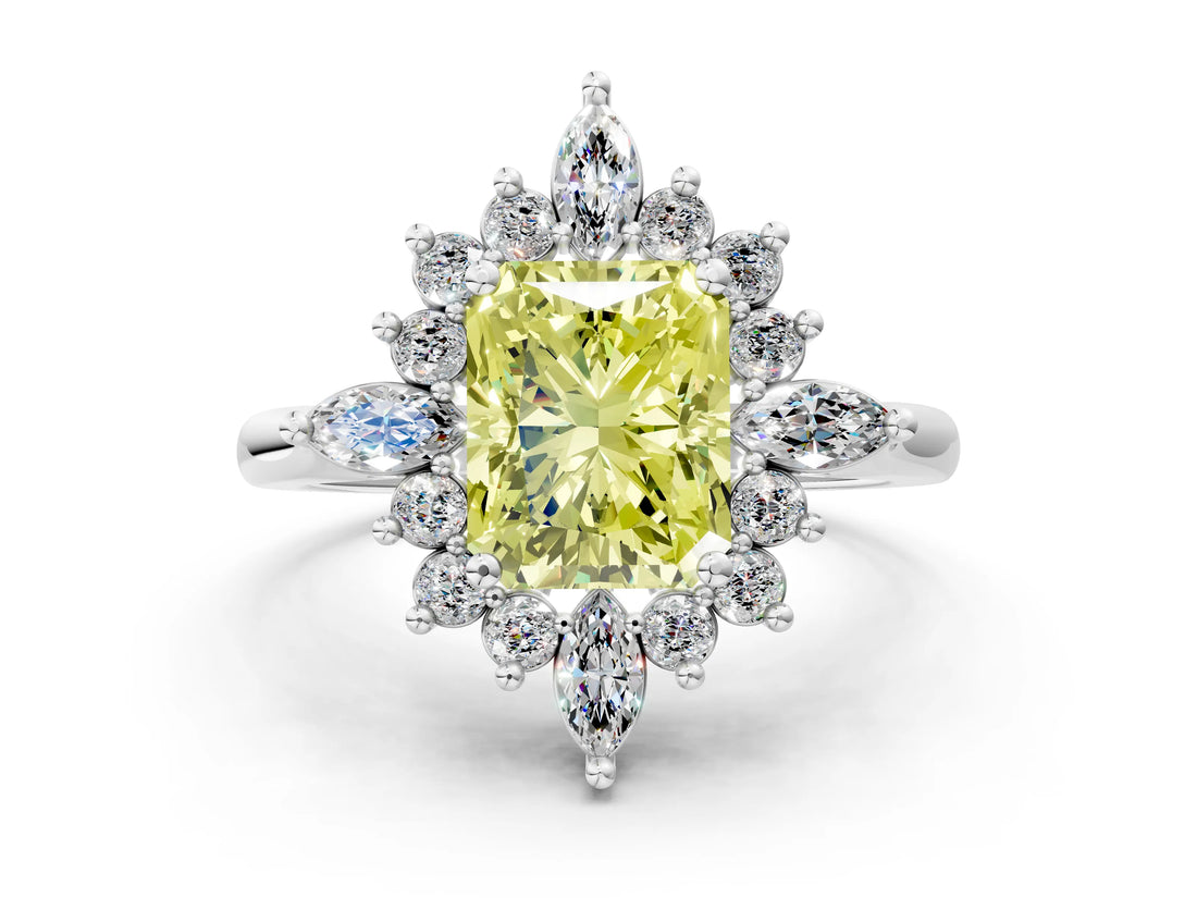 White gold Fancy Yellow Radiant Cut Halo Diamond Cluster Ring with Marquise and Round Stones on a White Gold Band with Prong Setting