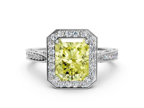 White gold Fancy Yellow Radiant Cut Halo Diamond Engagement Ring with Split Shank Band and Four-Prong Setting_24