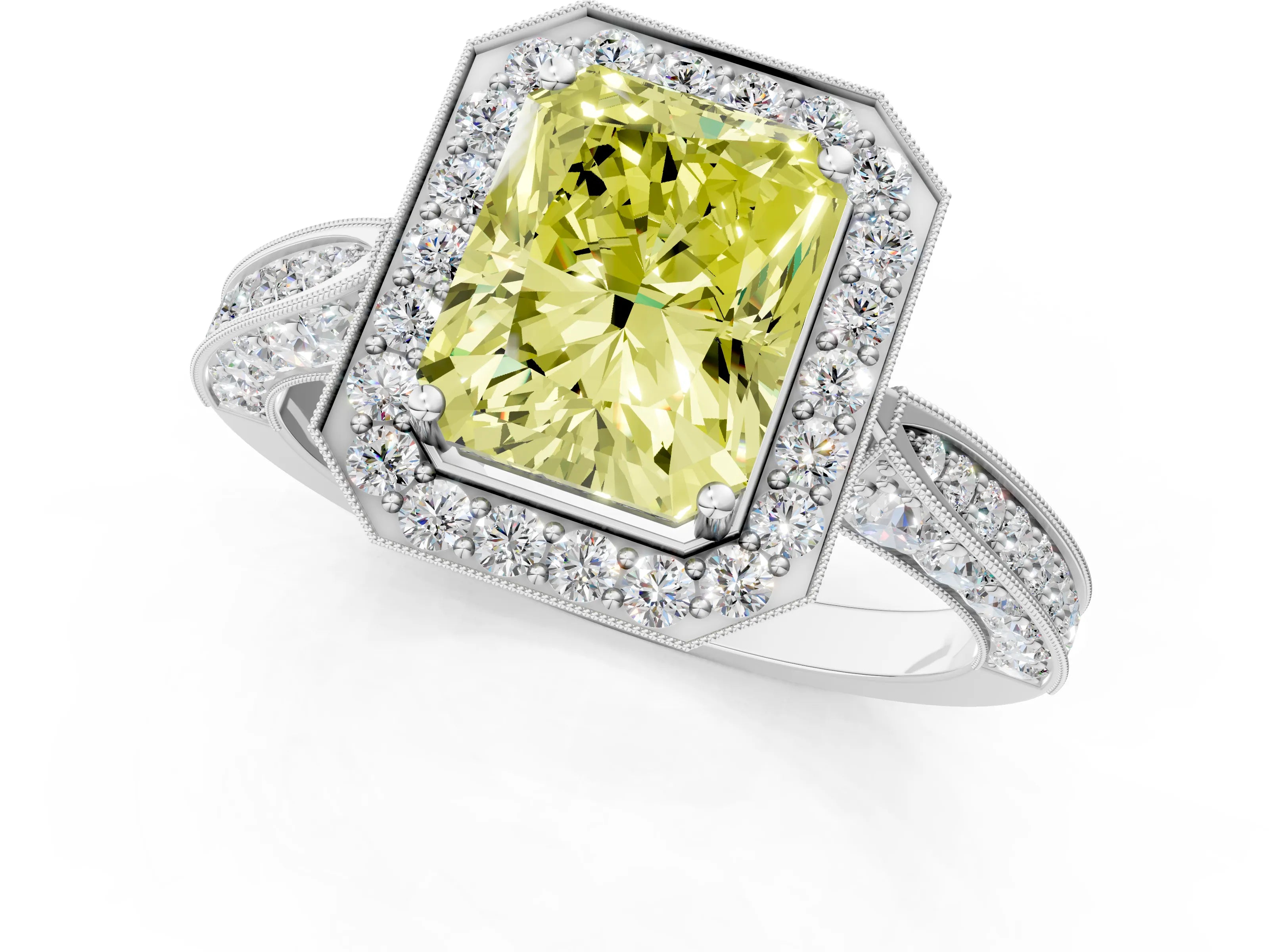White gold Fancy Yellow Radiant Cut Halo Diamond Engagement Ring with Split Shank Band and Four-Prong Setting_25
