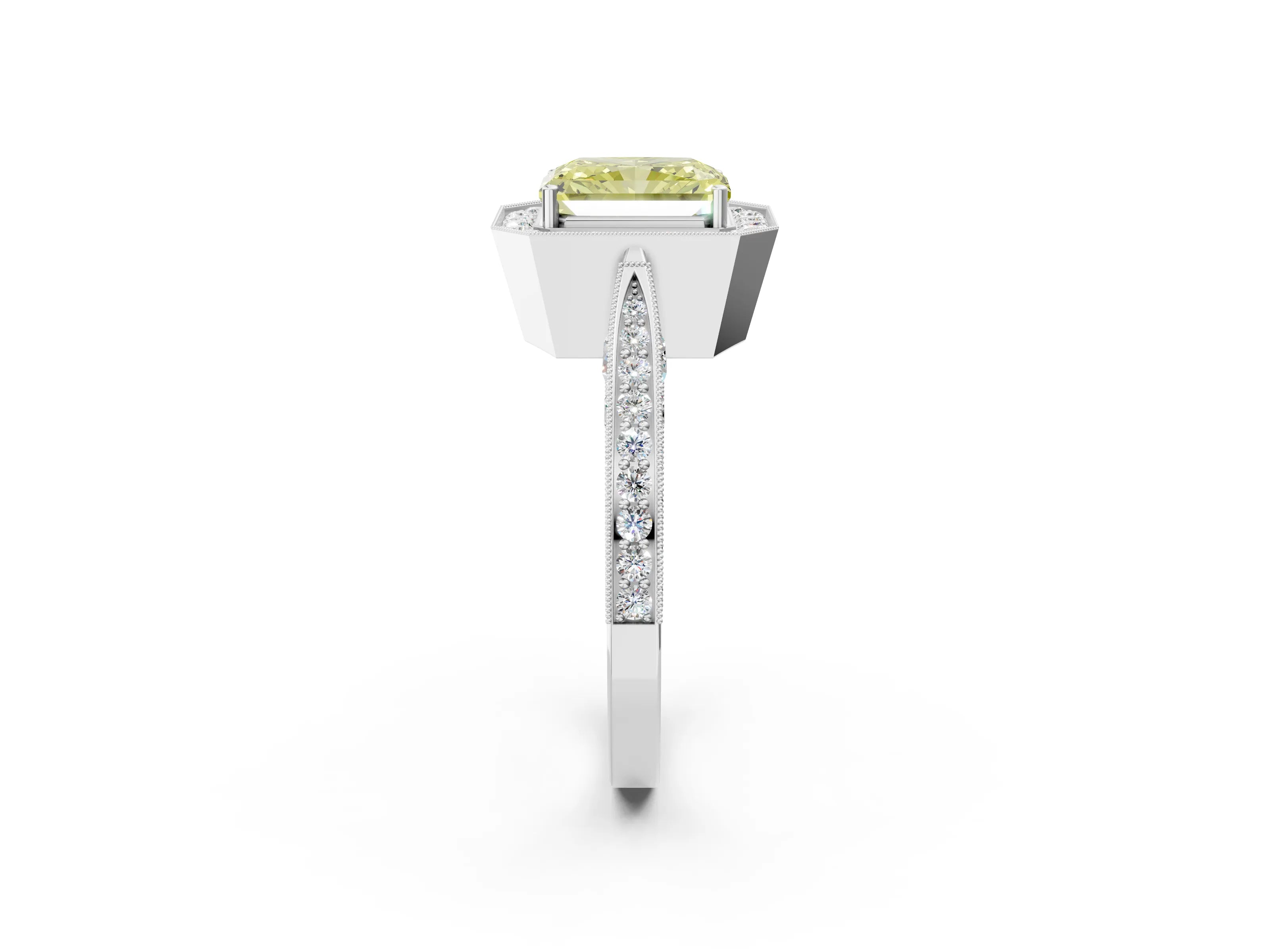 White gold Fancy Yellow Radiant Cut Halo Diamond Engagement Ring with Split Shank Band and Four-Prong Setting_26