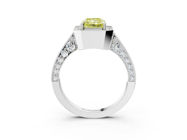 Platinum Fancy Yellow Radiant Cut Halo Diamond Engagement Ring with Split Shank Band and Four-Prong Setting