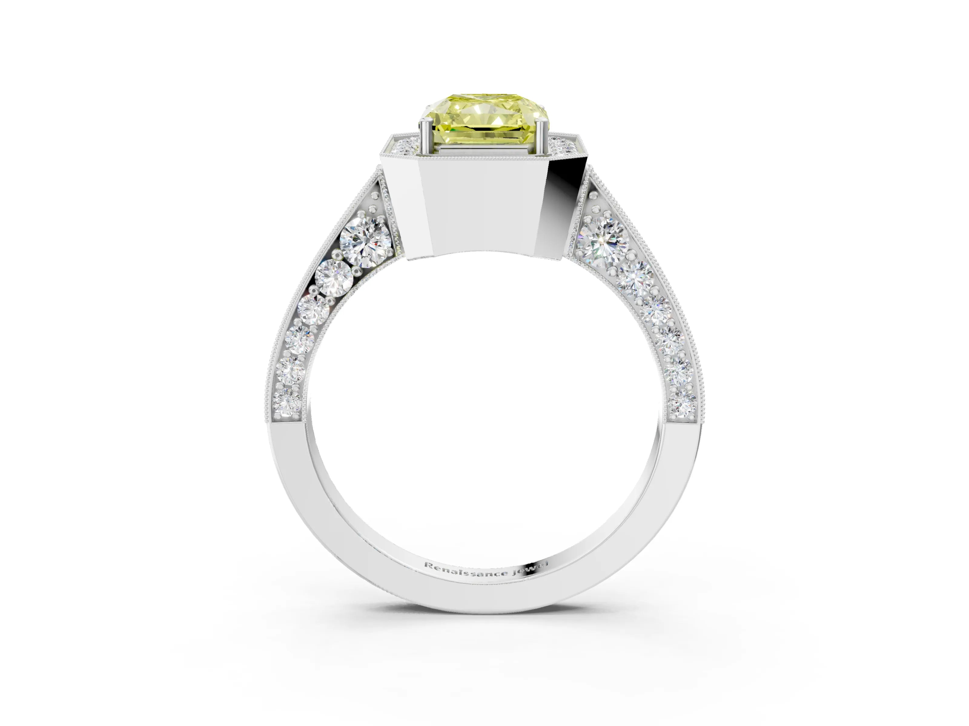 White gold Fancy Yellow Radiant Cut Halo Diamond Engagement Ring with Split Shank Band and Four-Prong Setting_27