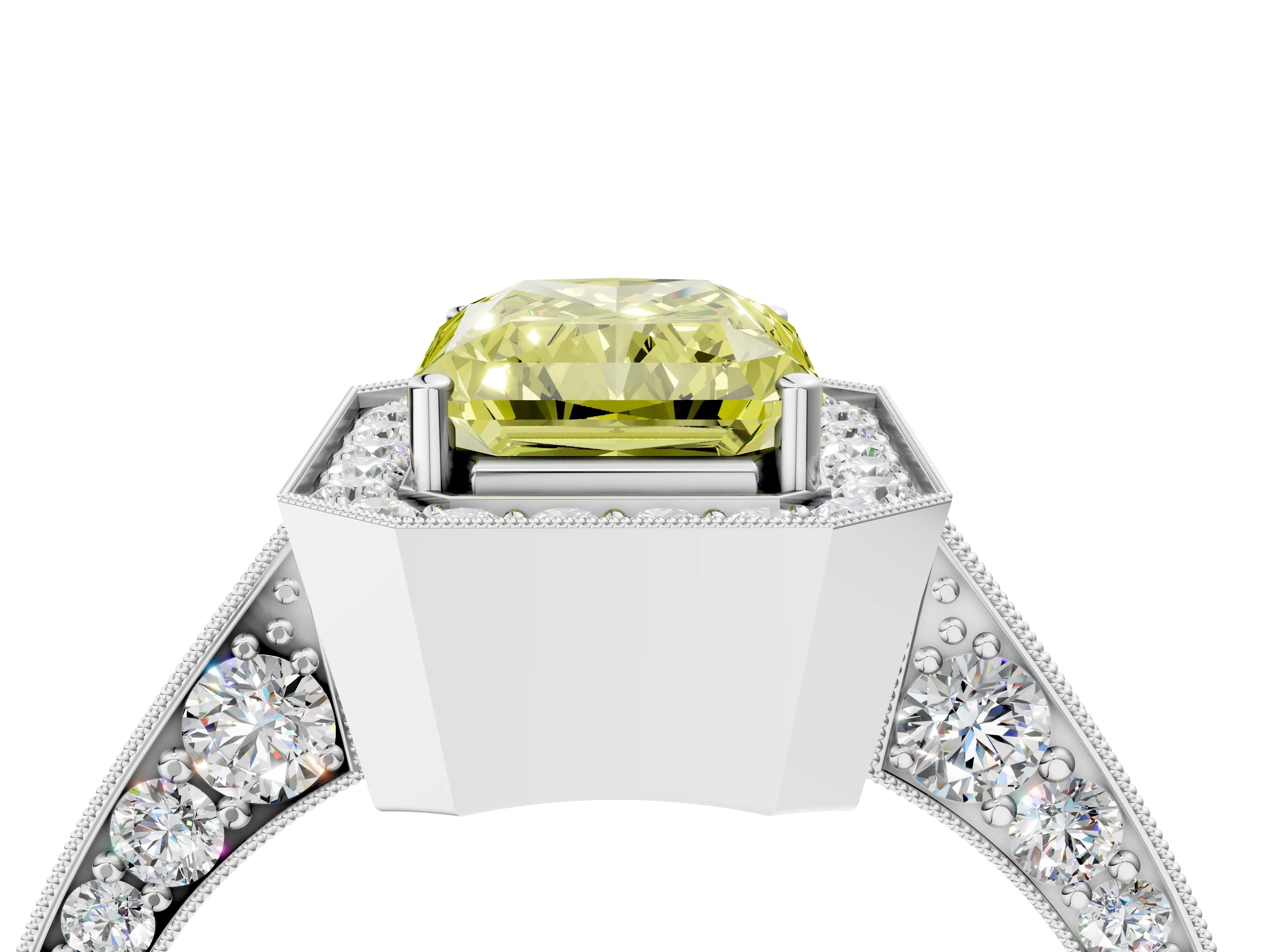 White gold Fancy Yellow Radiant Cut Halo Diamond Engagement Ring with Split Shank Band and Four-Prong Setting_28
