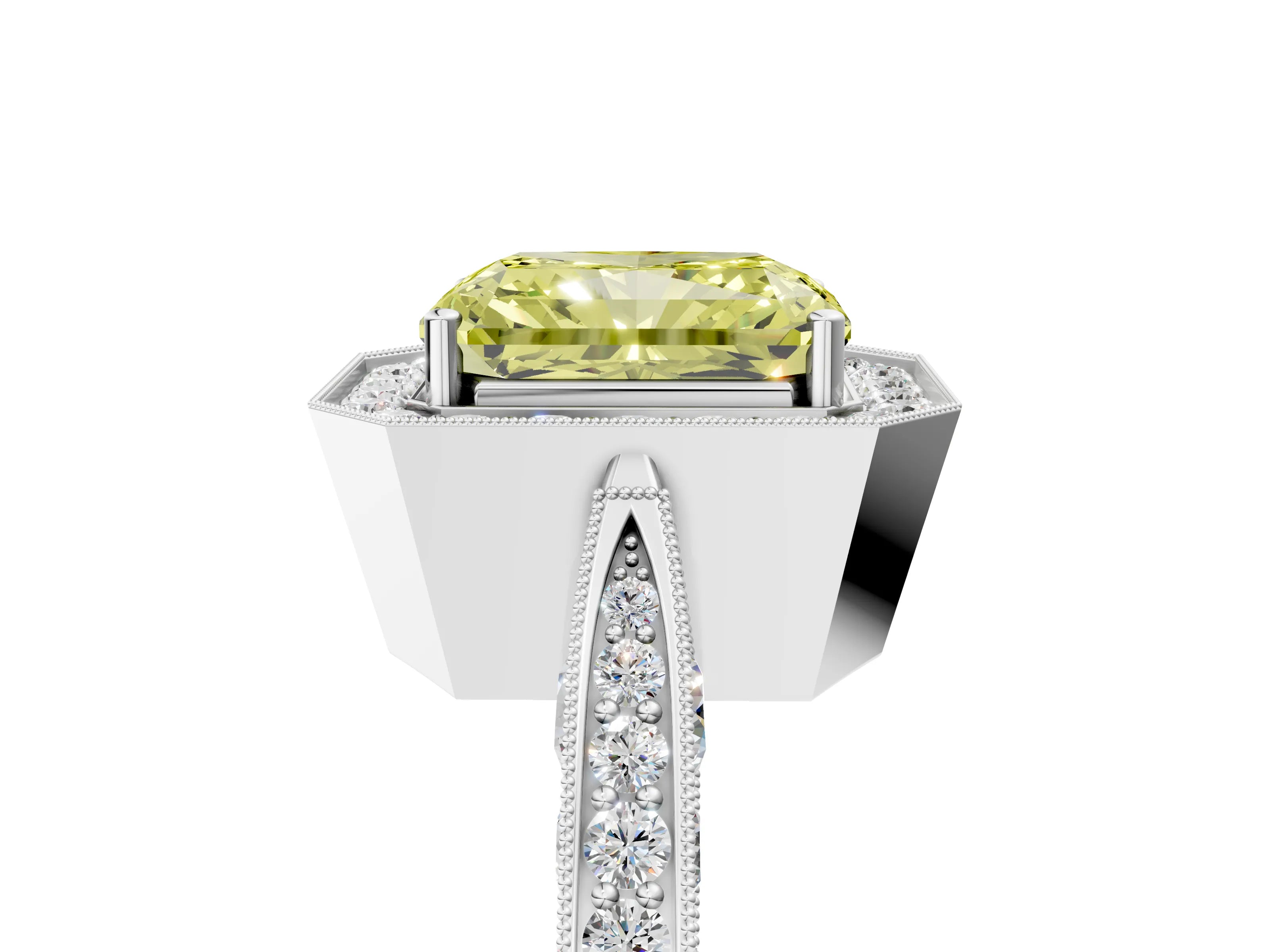 White gold Fancy Yellow Radiant Cut Halo Diamond Engagement Ring with Split Shank Band and Four-Prong Setting_29