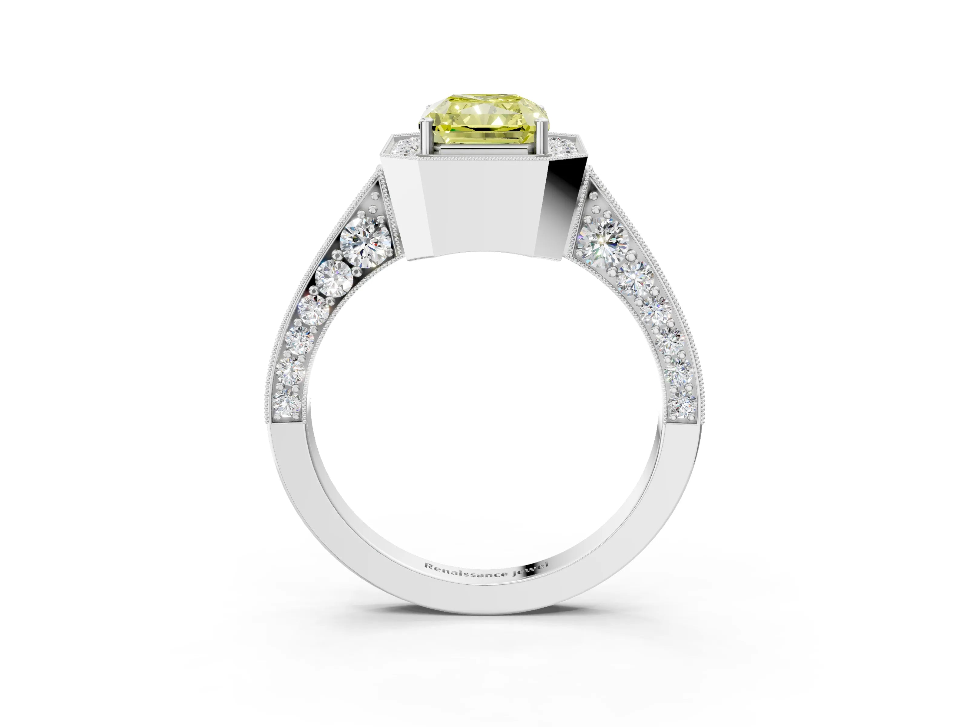 White gold Fancy Yellow Radiant Cut Halo Diamond Engagement Ring with Split Shank Band and Four-Prong Setting_3