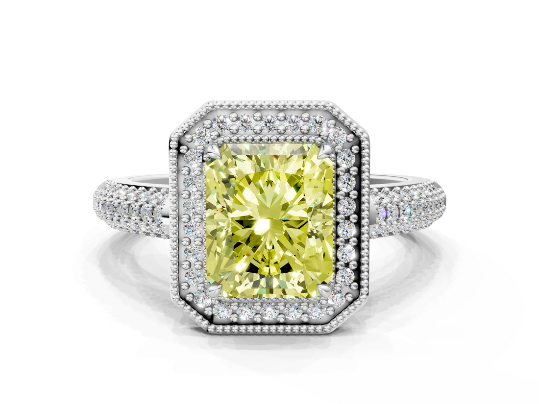 White gold Fancy Yellow Radiant  Cut Halo Diamond Pave Band with Four-Prong Setting_61