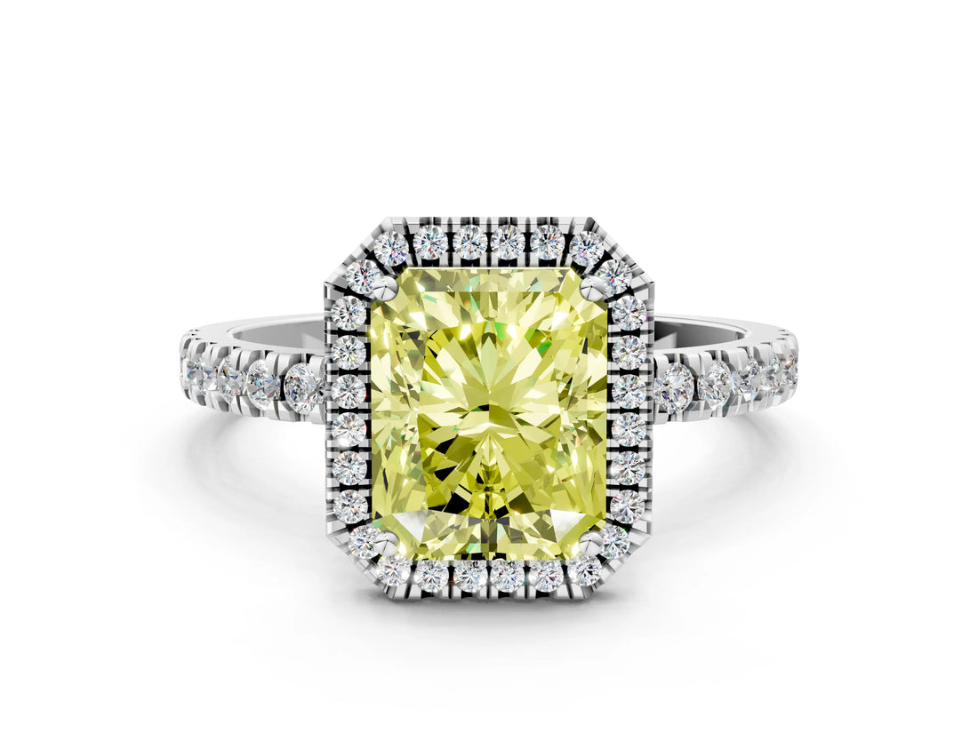 White gold Fancy Yellow Radiant Cut Halo Diamond Pave Band with Prong Setting