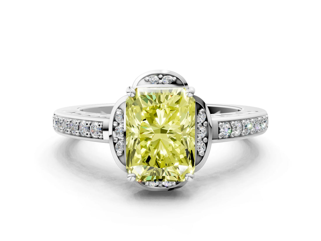 White gold Fancy Yellow Radiant  Cut Halo Diamond Ring with Channel Set Band and Four-Prong Setting_32