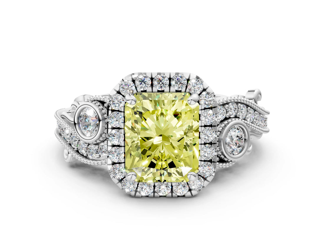 White gold Fancy Yellow Radiant Cut Halo Diamond Ring with Milgrain and Bezel Accents on a Split Shank Band_12