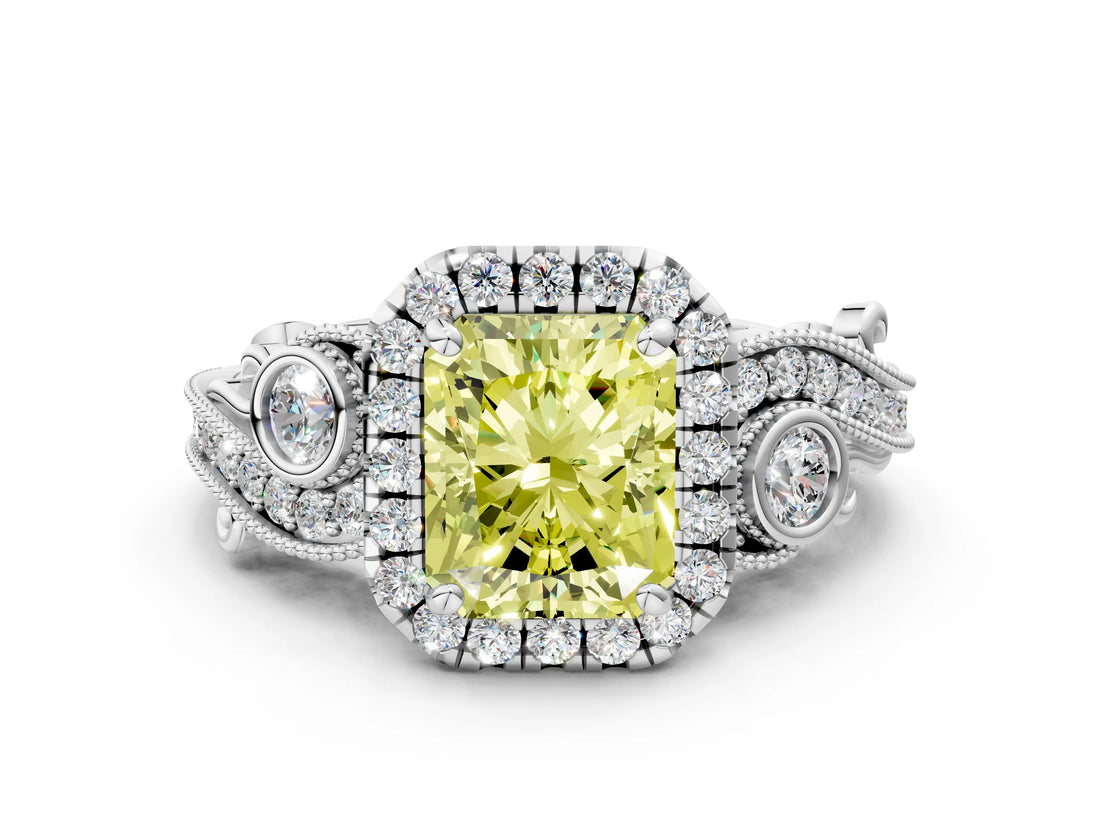 White gold Fancy Yellow Radiant Cut Halo Diamond Ring with Milgrain and Bezel Accents on a Split Shank Band_12