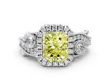 White gold Fancy Yellow Radiant Cut Halo Diamond Ring with Milgrain and Bezel Accents on a Split Shank Band_12