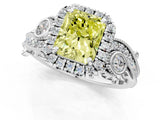 White gold Fancy Yellow Radiant Cut Halo Diamond Ring with Milgrain and Bezel Accents on a Split Shank Band_13