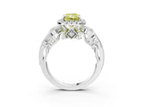 White gold Fancy Yellow Radiant Cut Halo Diamond Ring with Milgrain and Bezel Accents on a Split Shank Band_15
