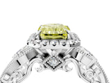 White gold Fancy Yellow Radiant Cut Halo Diamond Ring with Milgrain and Bezel Accents on a Split Shank Band_16