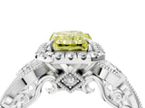 White gold Fancy Yellow Radiant Cut Halo Diamond Ring with Milgrain and Bezel Accents on a Split Shank Band_16