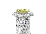 White gold Fancy Yellow Radiant Cut Halo Diamond Ring with Milgrain and Bezel Accents on a Split Shank Band_17