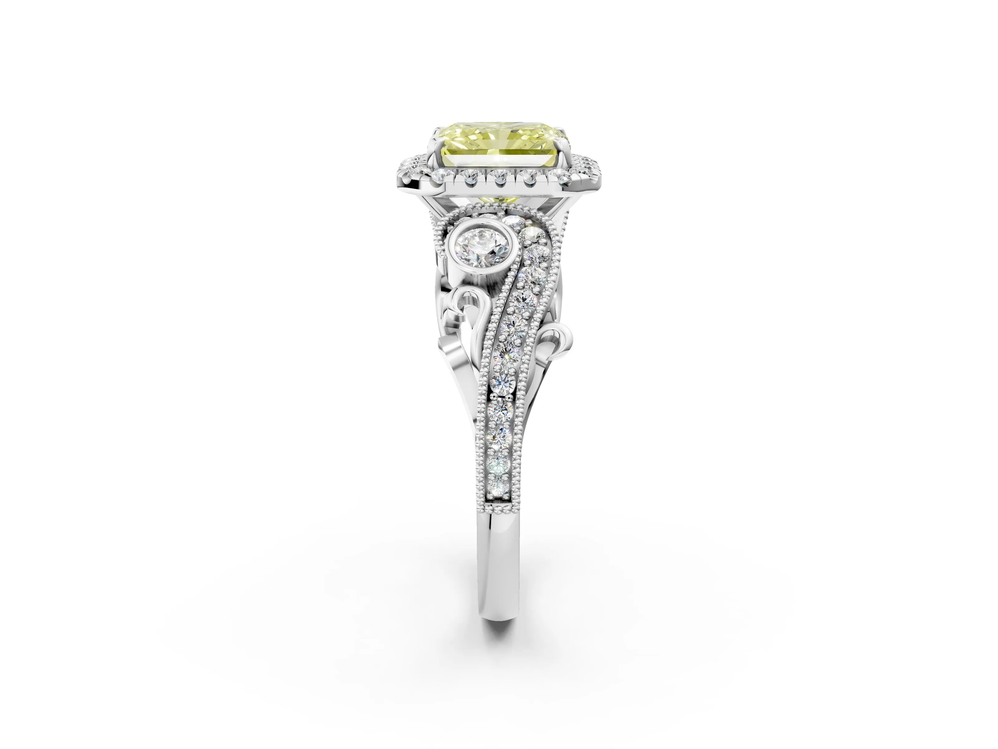 White gold Fancy Yellow Radiant Cut Halo Diamond Ring with Milgrain and Bezel Accents on a Split Shank Band_2