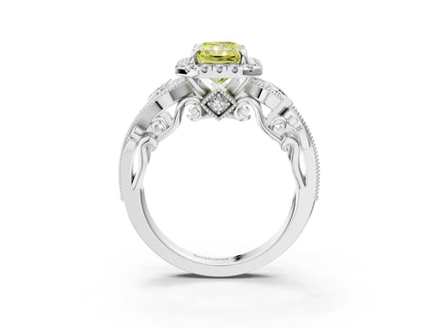 White gold Fancy Yellow Radiant Cut Halo Diamond Ring with Milgrain and Bezel Accents on a Split Shank Band_3