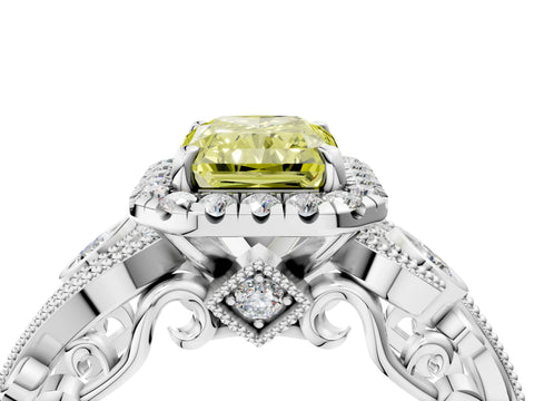 White gold Fancy Yellow Radiant Cut Halo Diamond Ring with Milgrain and Bezel Accents on a Split Shank Band_4