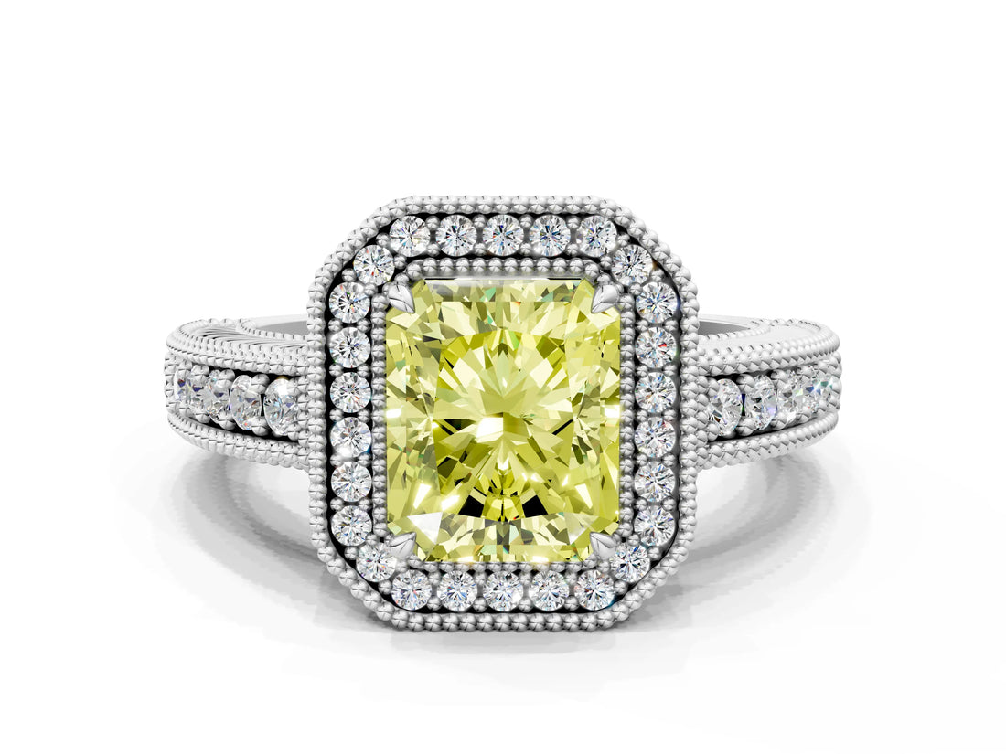 White gold Fancy Yellow Radiant  Cut Halo Diamond Ring with Pavé Band and Four-Prong Setting_52