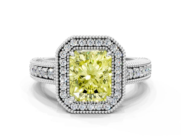 White gold Fancy Yellow Radiant  Cut Halo Diamond Ring with Pavé Band and Four-Prong Setting