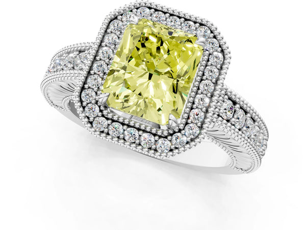 White gold Fancy Yellow Radiant  Cut Halo Diamond Ring with Pavé Band and Four-Prong Setting